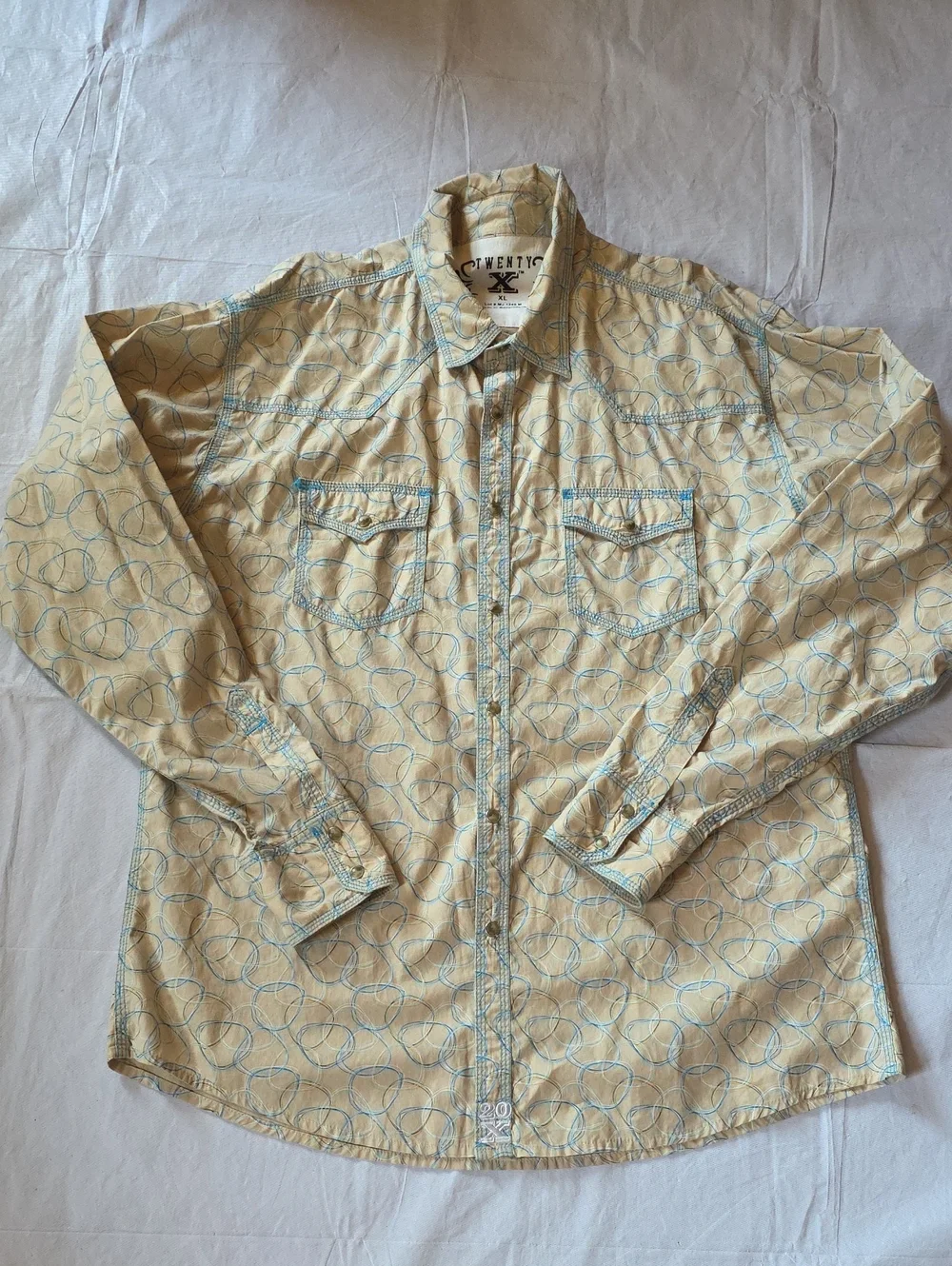 Twenty X Men's Beige Button-Up Shirt Blue Circular Print Pearl‎ Snaps Western XL